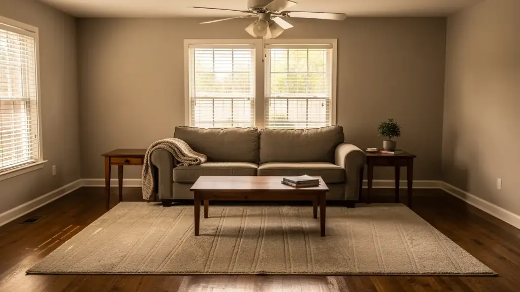 A family living room just after a clean, cushions squared and fresh vacuum lines in the rug