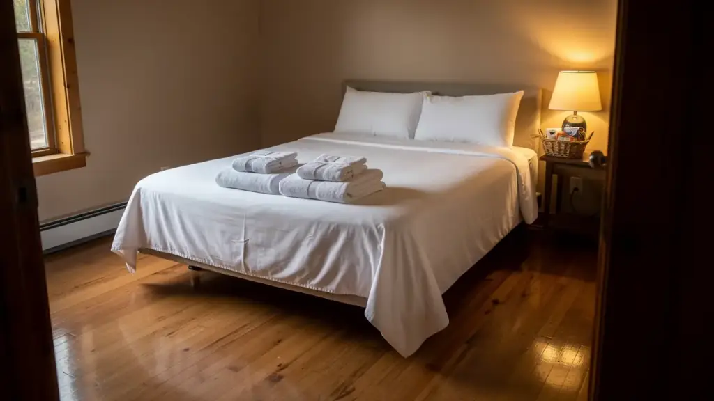 A rental guest bedroom made up for the next guest, with towels folded at the foot of the bed